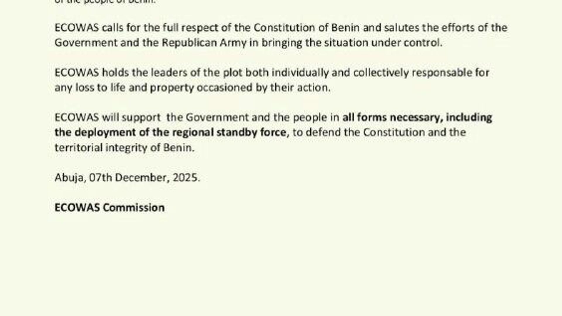 ኢኮዋስ እና የአፍሪካ ኅብረት የቤኒን የመፈንቅለ መንግሥት ሙከራ ፈፃሚዎችን አወገዙ ኢኮዋስ እና የአፍሪካ ኅብረት የቤኒን የመፈንቅለ መንግሥት ሙከራ ፈፃሚዎችን አወገዙ - Sputnik አፍሪካ, 1920, 07.12.2025