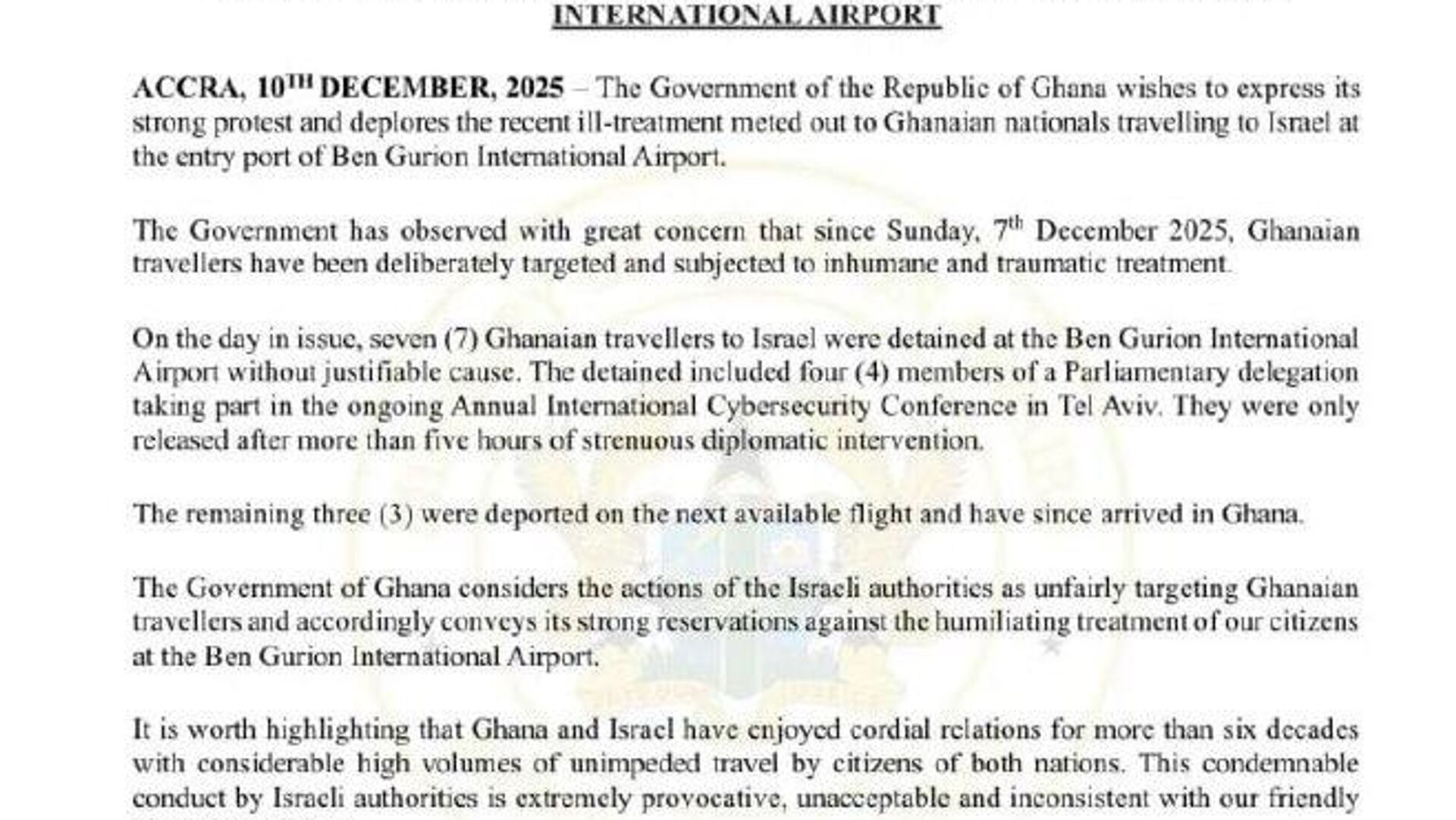 ጋና ተጓዦቿ በቤን ጉሪዮን አውሮፕላን ማረፊያ ለደረሰባቸው ኢ-ሰብዓዊ እና አሰቃቂ ድርጊት እስራኤልን አወገዘች ጋና ተጓዦቿ በቤን ጉሪዮን አውሮፕላን ማረፊያ ለደረሰባቸው ኢ-ሰብዓዊ እና አሰቃቂ ድርጊት እስራኤልን አወገዘች - Sputnik አፍሪካ, 1920, 10.12.2025