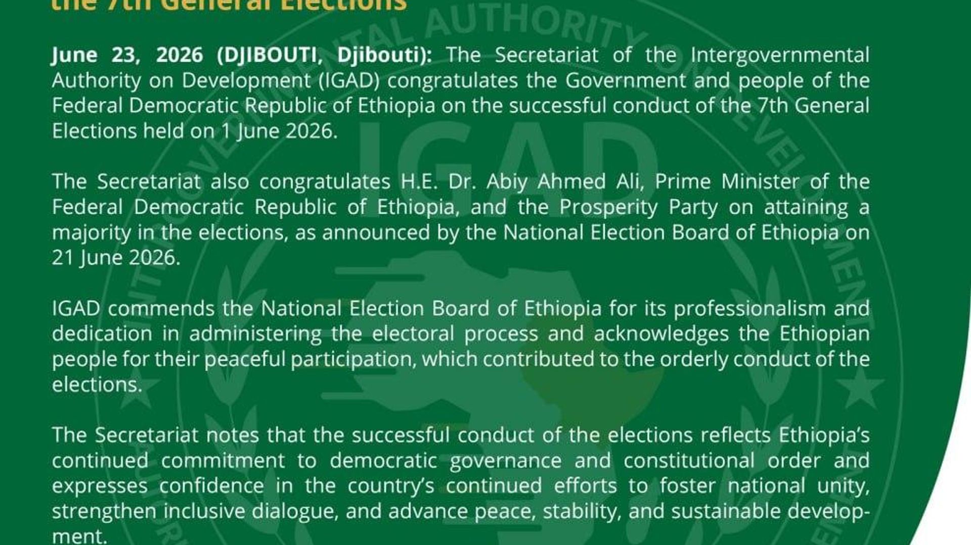 ኢጋድ 7ኛው አጠቃላይ ምርጫ በስኬት በመጠናቀቁ ለኢትዮጵያ መንግሥትና ሕዝብ የእንኳን ደስ አላችሁ መልዕክት አስተላለፈ ኢጋድ 7ኛው አጠቃላይ ምርጫ በስኬት በመጠናቀቁ ለኢትዮጵያ መንግሥትና ሕዝብ የእንኳን ደስ አላችሁ መልዕክት አስተላለፈ - Sputnik አፍሪካ, 1920, 23.06.2026